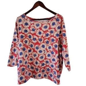 Talbots Red Blue Floral POPPY Top 3XP Boatneck Cotton Cottagecore 3/4 Sleeve